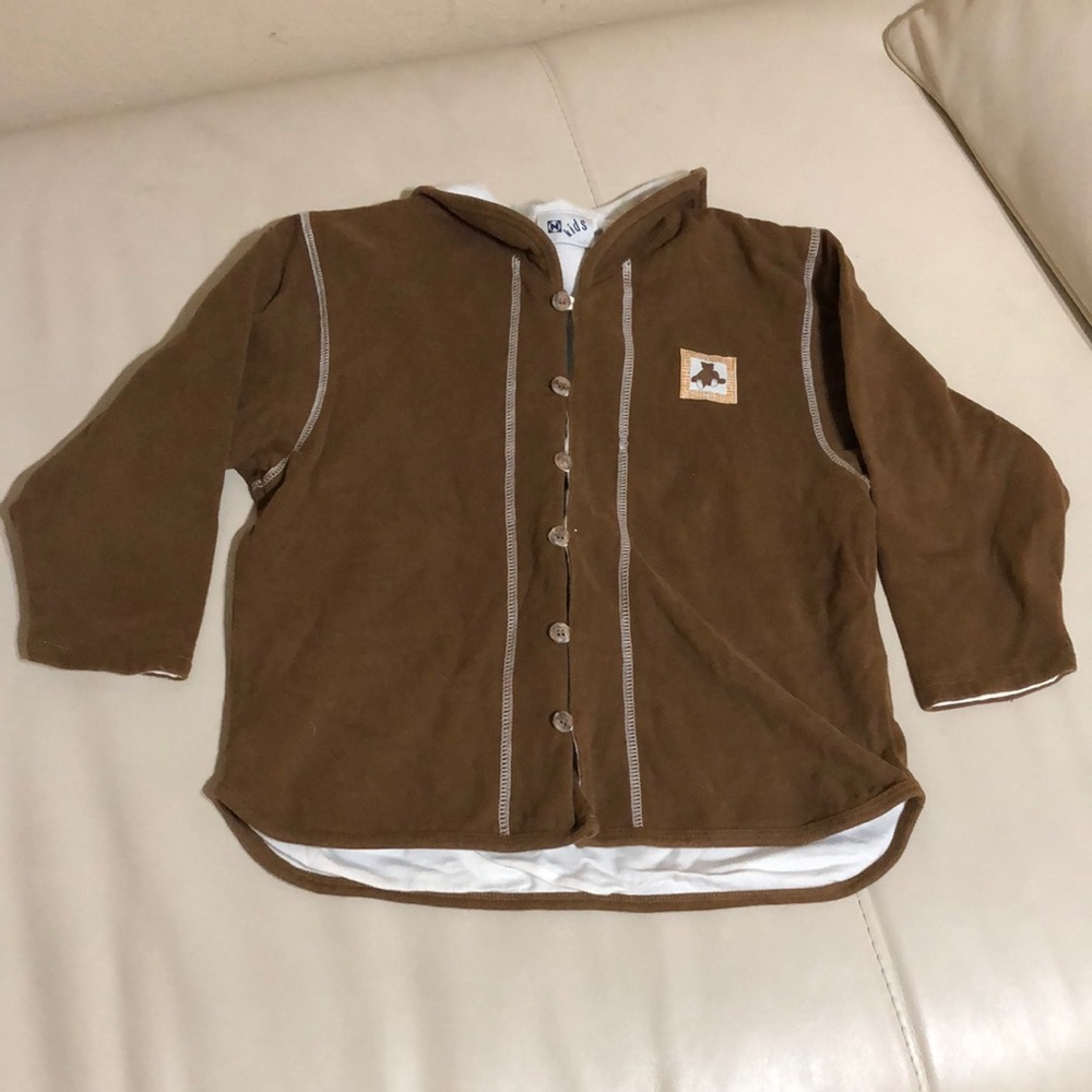 Nordstrom Kids Brown Cotton Knit Button Up Hooded Jacket Coat Embroidered Bears